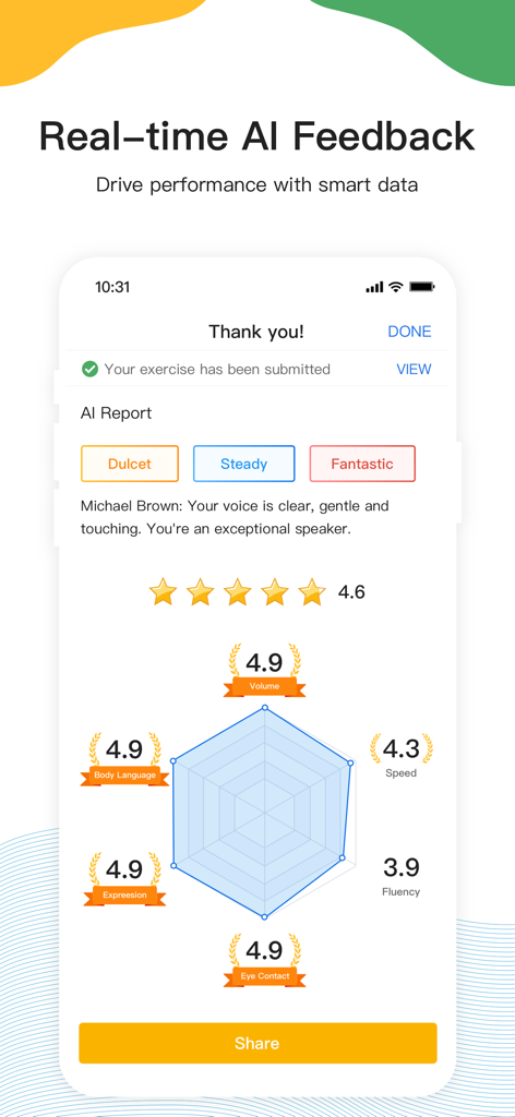 UMU App-Oberfläche, die einen Echtzeit-KI-Feedbackbericht mit Sprecherleistungsmetriken und einem Radar-Diagramm anzeigt