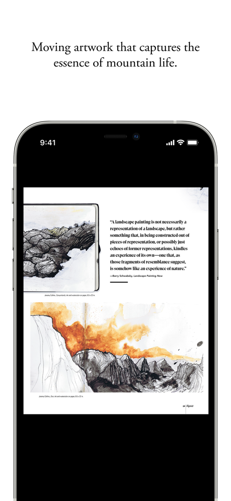 Berglandschaftsillustrationen und ein Zitat in der Alpinist Magazine App.