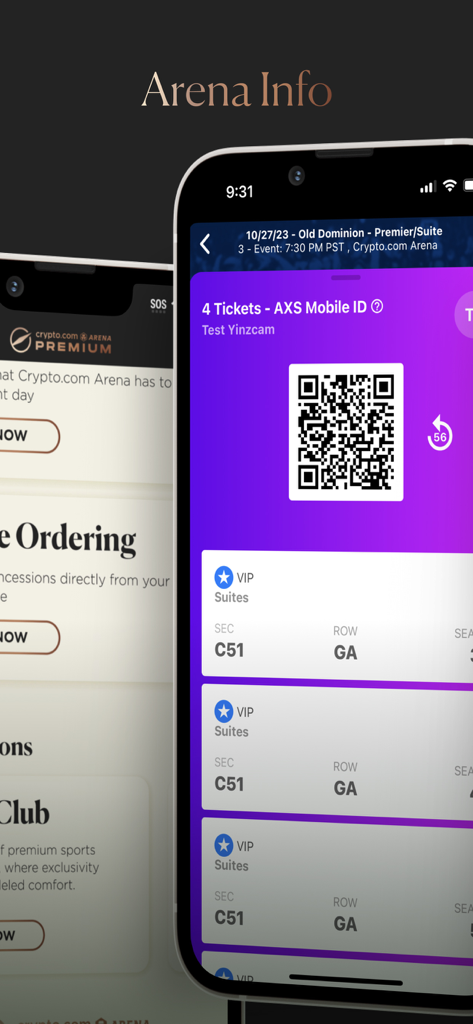 Crypto.com Arena Premium - Uma tela de celular exibindo ingressos digitais VIP para camarote com um código QR para um evento na Crypto.com Arena