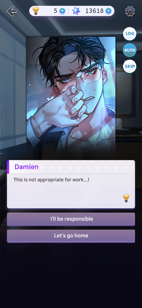 Pantalla de diálogo interactivo en el juego Love Liar con el personaje Damien sonrojado y opciones de elección romántica