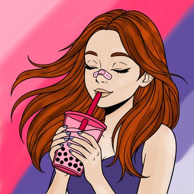 make a girl drinking boba tea with long hair and a bandage on her nose. make it a close up.
