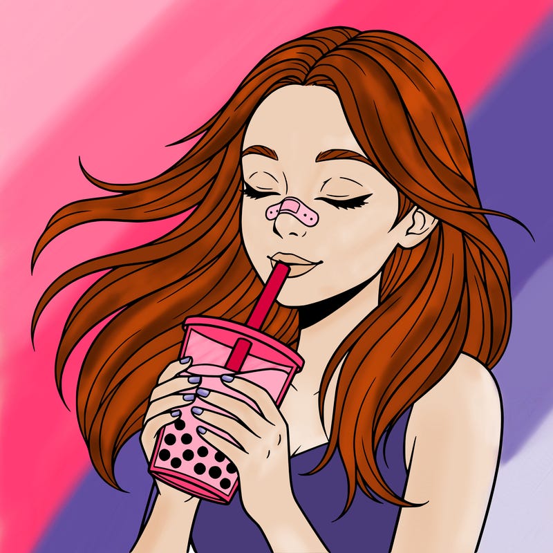 make a girl drinking boba tea with long hair and a bandage on her nose. make it a close up.
