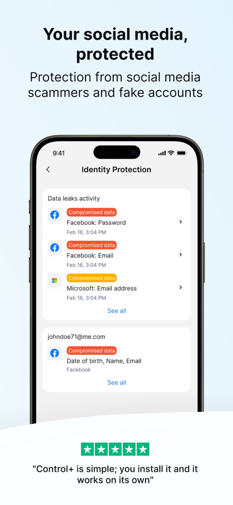 Control+ Security & Protection - Écran de smartphone montrant les fonctionnalités de protection de l'identité et les alertes pour les mots de passe de réseaux sociaux et les adresses e-mail compromis.