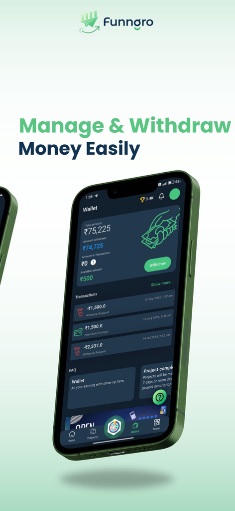 Funngro - Interfaz de la billetera de la aplicación Funngro para administrar y retirar ganancias