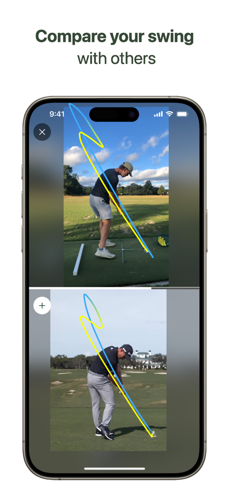 Vista de pantalla dividida de dos golfistas comparando swings con trazadores de movimiento en Swing Replay