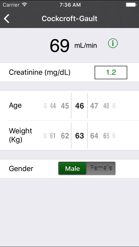 Interface do aplicativo NefroCalc mostrando um resultado de cálculo de TFG de Cockcroft-Gault