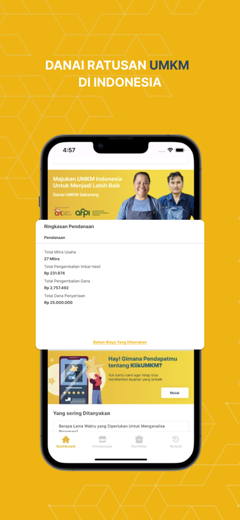 KlikUMKM mobile app interface showing a summary of funding for Indonesian micro, small, and medium enterprises.