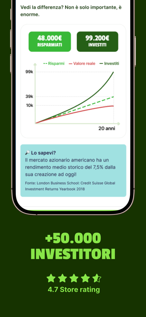 Pantalla de la aplicación móvil que muestra un gráfico que compara el crecimiento de los ahorros frente a las inversiones durante 20 años.