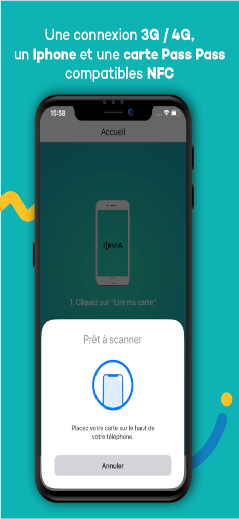 Pass Pass Easy Card - Écran d'iPhone montrant l'application Pass Pass Easy Card prête à scanner une carte de transport à l'aide de la technologie NFC