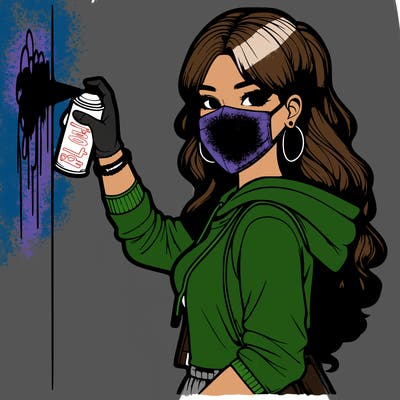realistic girl with mask spray painting a wall