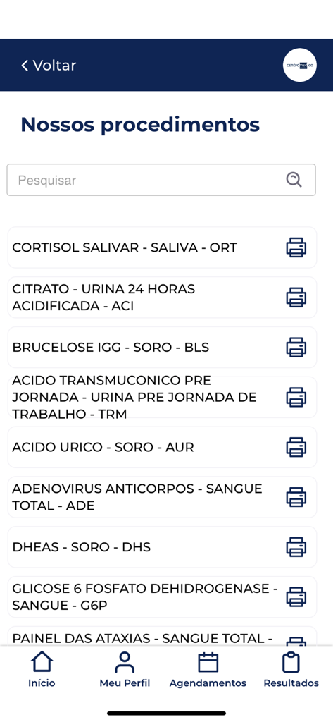 Centro Médico Sorocaba - Uma lista de procedimentos médicos e exames laboratoriais disponíveis na interface do aplicativo Centro Médico Sorocaba.