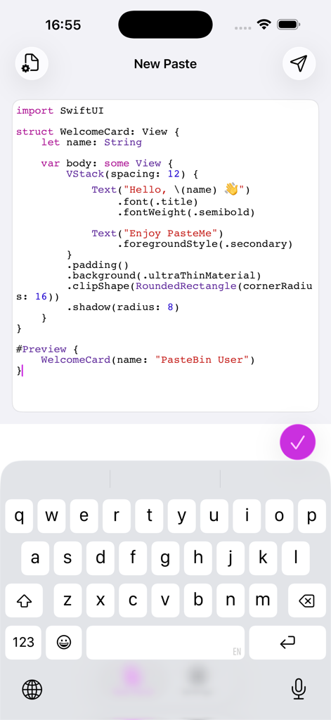 PasteMe app interface for creating a new paste with SwiftUI syntax highlighting
