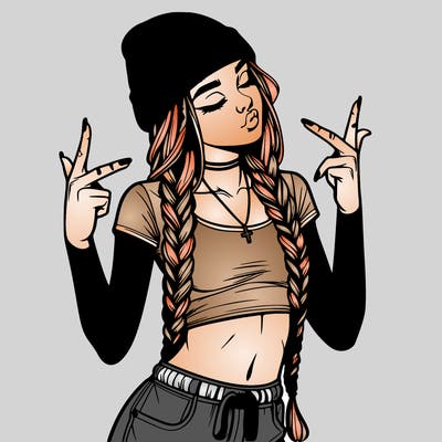 realistic teenage girl with braids and a beanie and crop top doing 🫶🏼