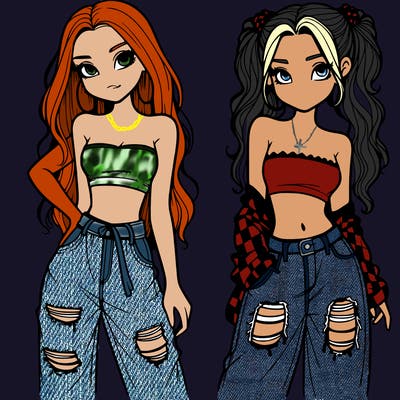 2 girls in crop tops and baggy jeans ripped
