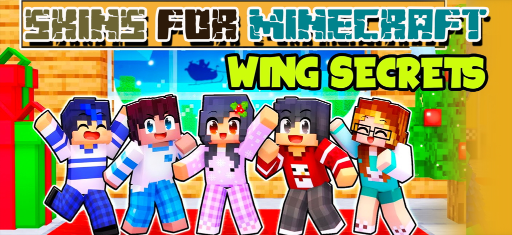 Aesthetic Skins for Minecraft - Five colorful and trendy Minecraft character skins in a festive holiday setting.