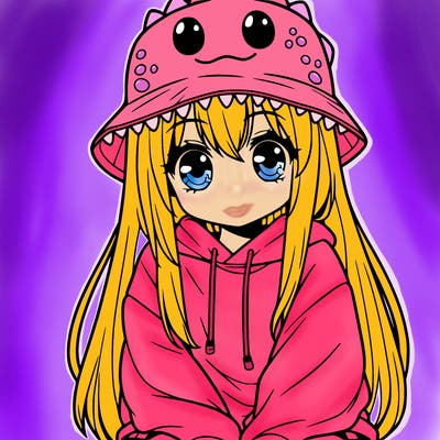 girl with anime shaped eyes with a dinosaur bucket hat oversized sweatshirt long straight hair