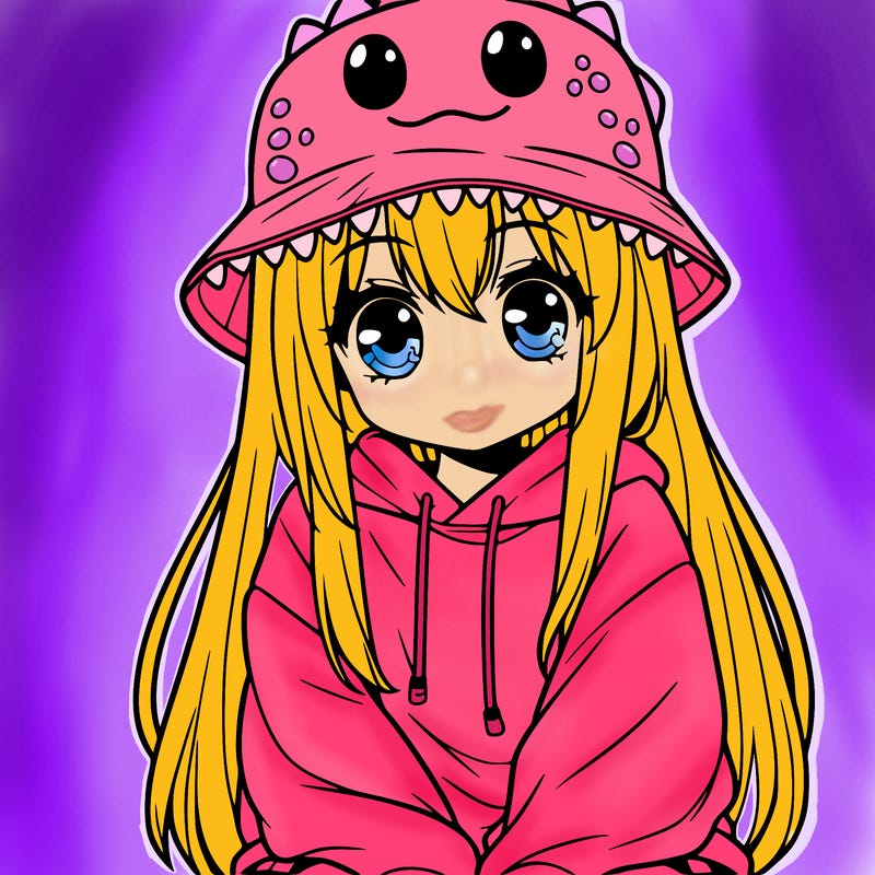 girl with anime shaped eyes with a dinosaur bucket hat oversized sweatshirt long straight hair