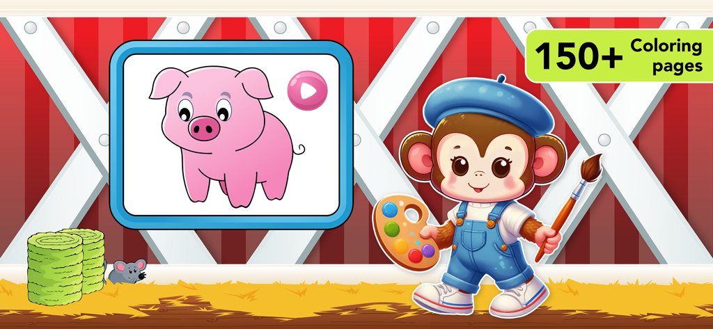 Toddler Coloring Book for Kids - Um macaco artista fofo com uma paleta e pincel ao lado de uma página de colorir de porco