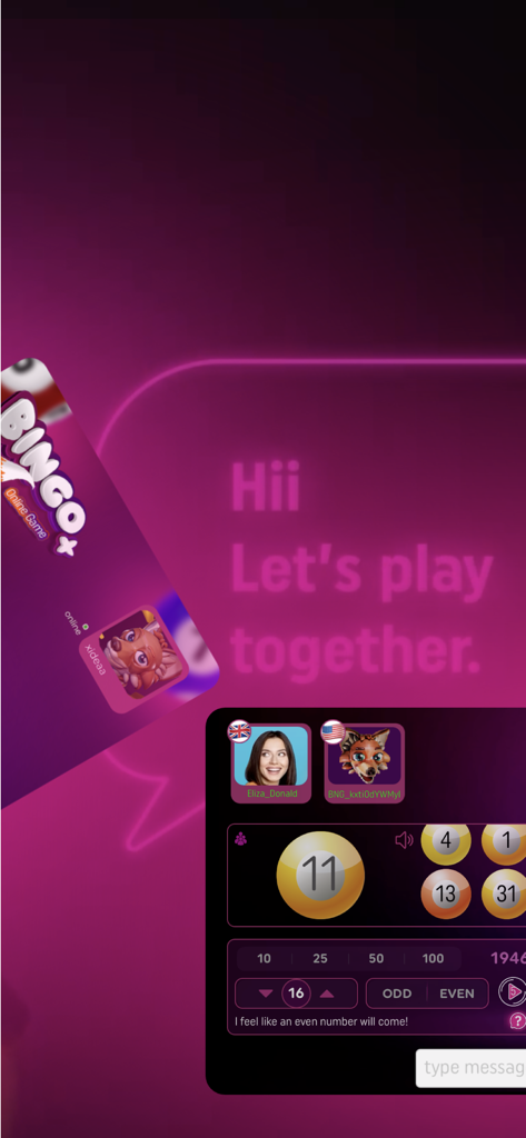 Captura de pantalla de un juego de bingo móvil con avatares de jugadores, chat social y opciones de apuestas para los próximos números de bola.