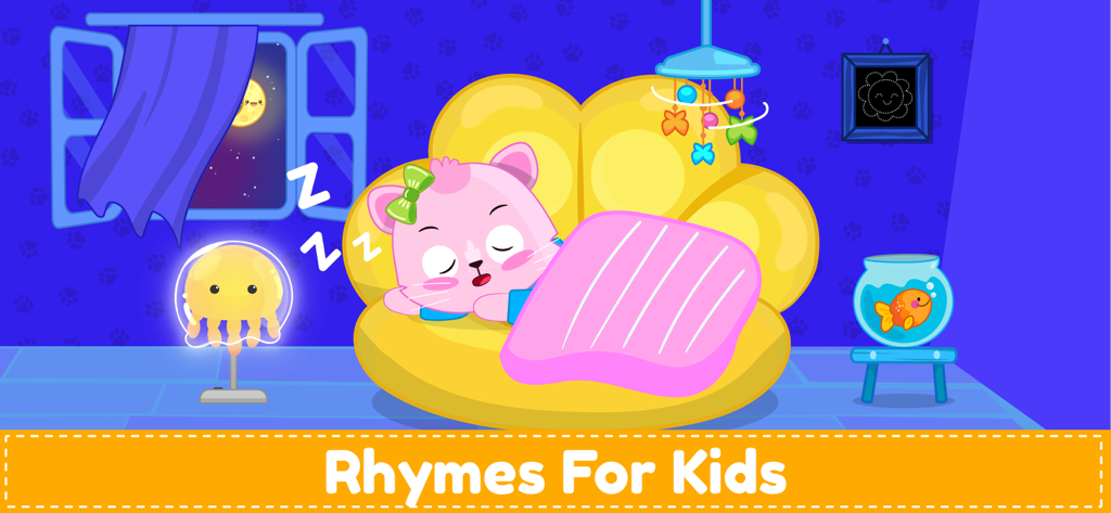 Baby Pet Care Games & Dress up - A cute pink cartoon cat sleeping on a yellow couch in a bedroom at night with rhymes for kids text