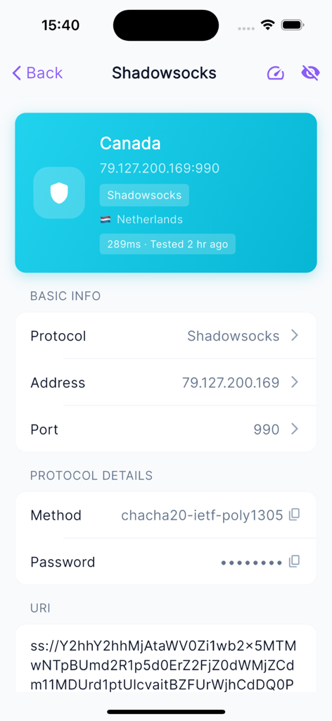 ShadowShare - ShadowShare-App-Oberfläche, die Details zur Shadowsocks-Konfiguration für einen kanadischen Proxy-Server anzeigt.