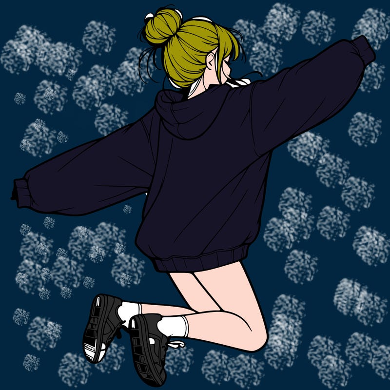 realistic girl jumping with a bun and oversized sweatshirt