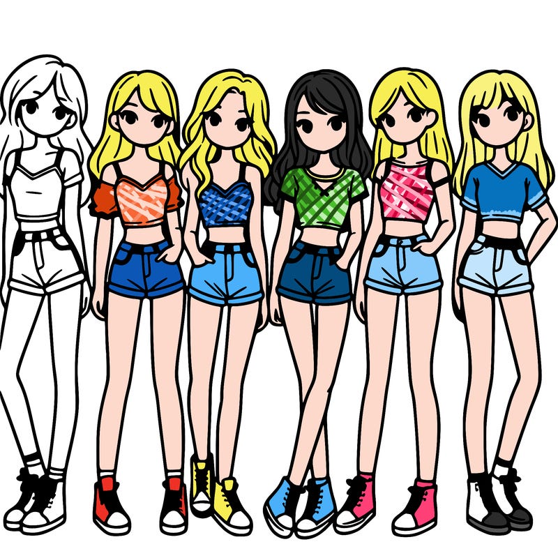 a group of girls wearing crop tops and shorts