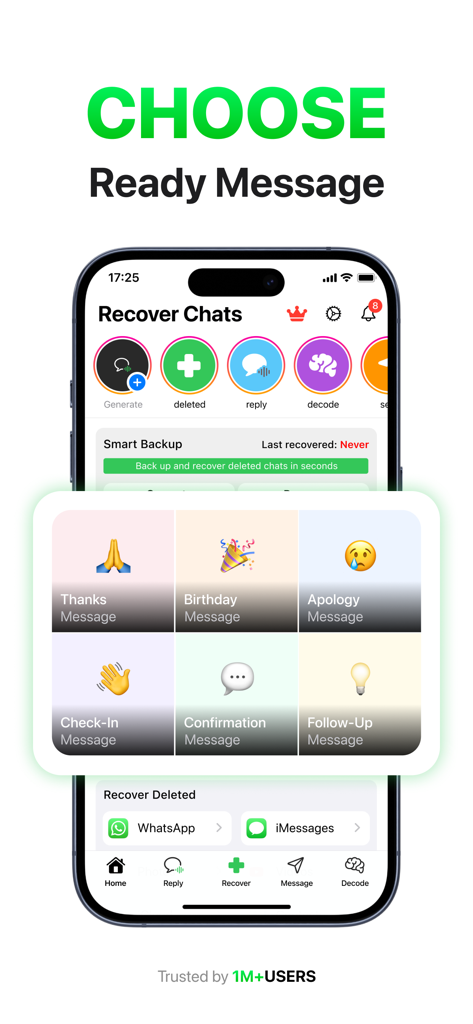 Recover Deleted Messages: Chat - Mobile app screen showing a selection of ready to use message templates for thanks birthday and apologies