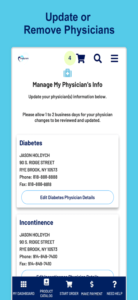Screenshot of the mybyram app showing the Manage My Physician Info screen with options to edit details for diabetes and incontinence doctors.