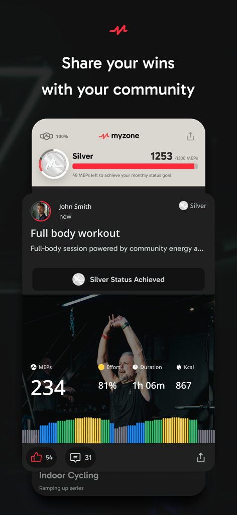Myzone | Make movement count - Myzone app showing a full body workout summary with MEPs and effort metrics shared to a fitness community feed