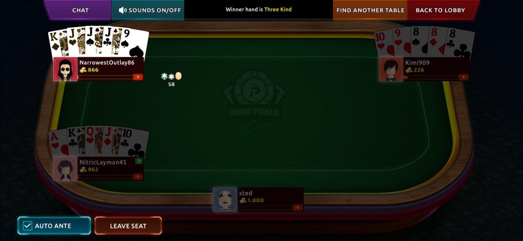 Draw Poker Online - Interface de jogo de draw poker multiplayer com quatro jogadores em uma mesa digital