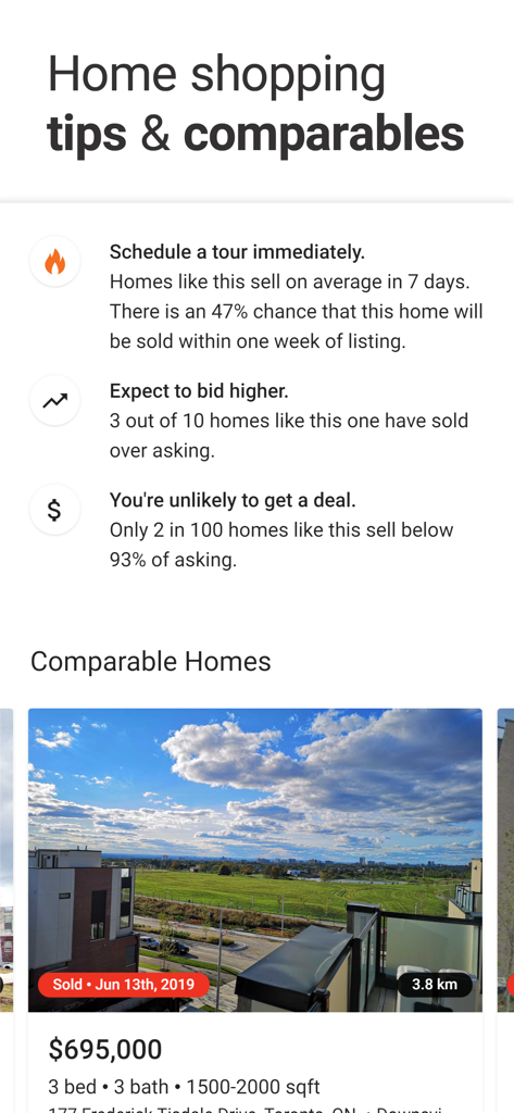 Zolo real estate app screen showing home shopping tips and comparable sold properties
