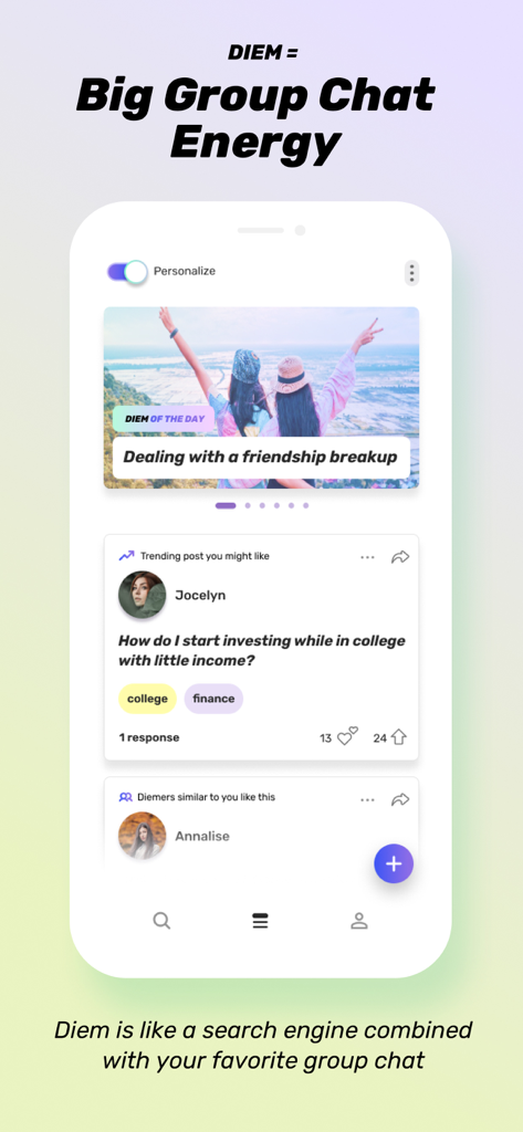 Interface of Diem social search app showing community discussion cards and trending topics.