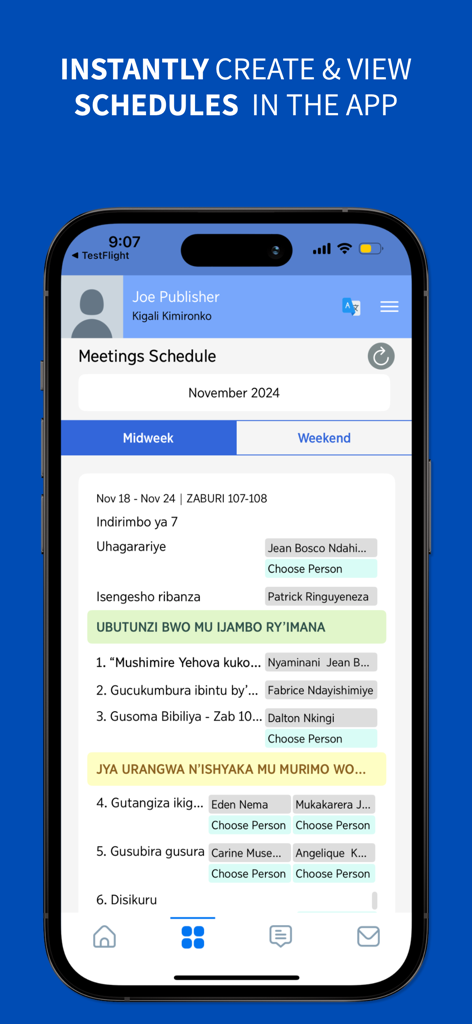 Zeal - Congregation Assistant - Interface do aplicativo Zeal mostrando um cronograma de reunião do meio de semana com designações individuais para novembro de 2024