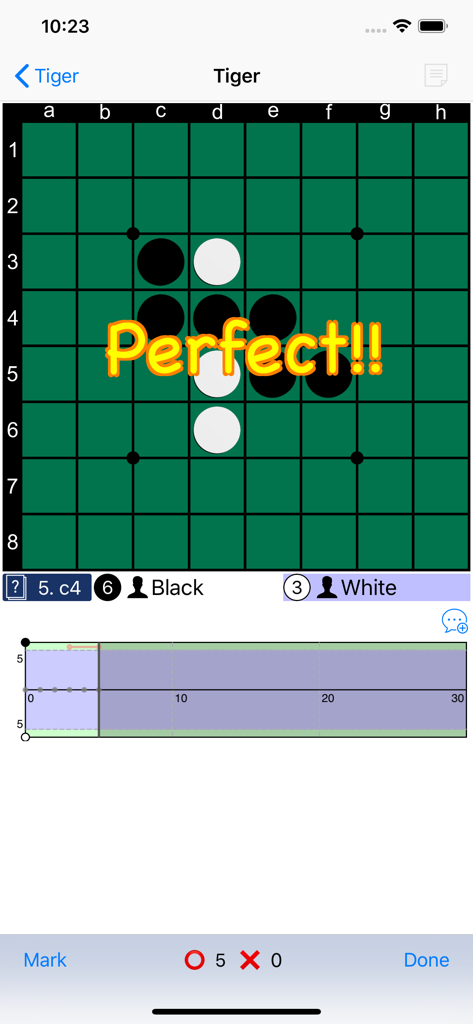 KifuBox - A screenshot of the KifuBox app showing a perfect result on a Reversi Tiger opening memorization test.