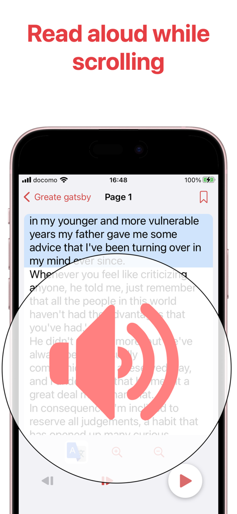 Interface do aplicativo Scan Speak mostrando um recurso de texto para fala lendo em voz alta a página de um livro com rolagem automática em um smartphone