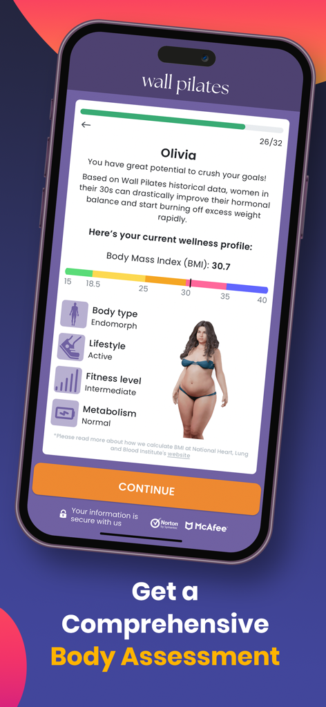 Wall Pilates: Fit Weight Loss - Personalized wellness profile on the Wall Pilates app showing BMI and body assessment results.