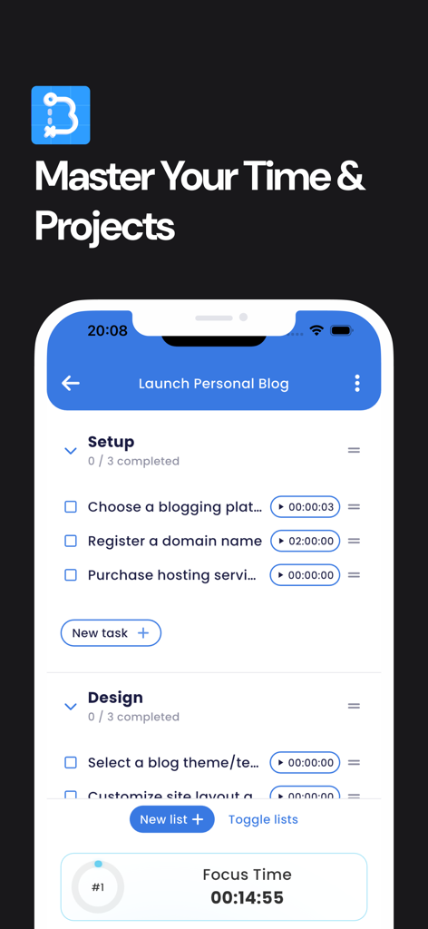 Blueprint - Project Management - Blueprint app interface showing project task tracking for a blog launch with integrated time tracking and Pomodoro focus timer