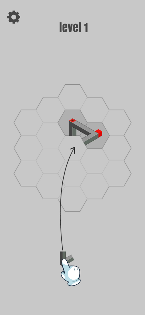 hocus GO - Una mano arrastrando una pieza geométrica para crear un laberinto imposible en una cuadrícula hexagonal en hocus GO