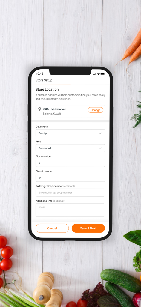 Karrot Partner - Interfaz móvil para configurar la ubicación de la tienda de un comerciante en la aplicación Karrot Partner.