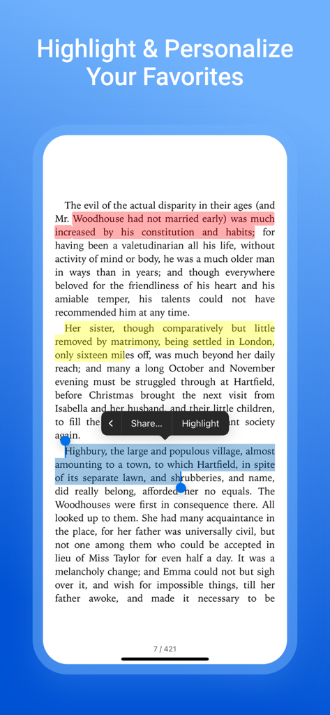 Novels Stories & Books Reader - Screenshot of the Novels Stories and Books Reader app showing a user highlighting text in a classic novel with different colors.