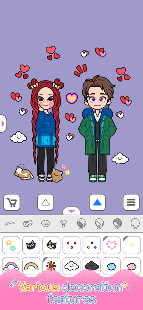 Lily Story - Lily Storyアプリのインターフェースで、ハート、猫、背景の装飾など、さまざまな装飾でカスタマイズされている2人のちびキャラクター。