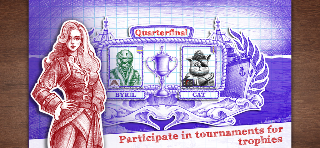 Sea Battle 2 - Sea Battle 2 tournament interface showing a quarterfinal match between two players with hand drawn characters and a trophy cup