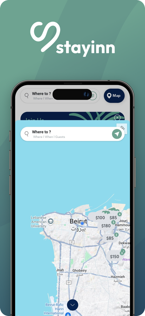 Stayinn: You have a home here - 베이루트 지도에 아파트 임대 가격과 검색창을 보여주는 Stayinn 앱 인터페이스.