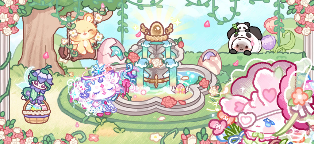 D'adorables personnages chatons jouant dans un jardin magique pastel avec une fontaine lumineuse