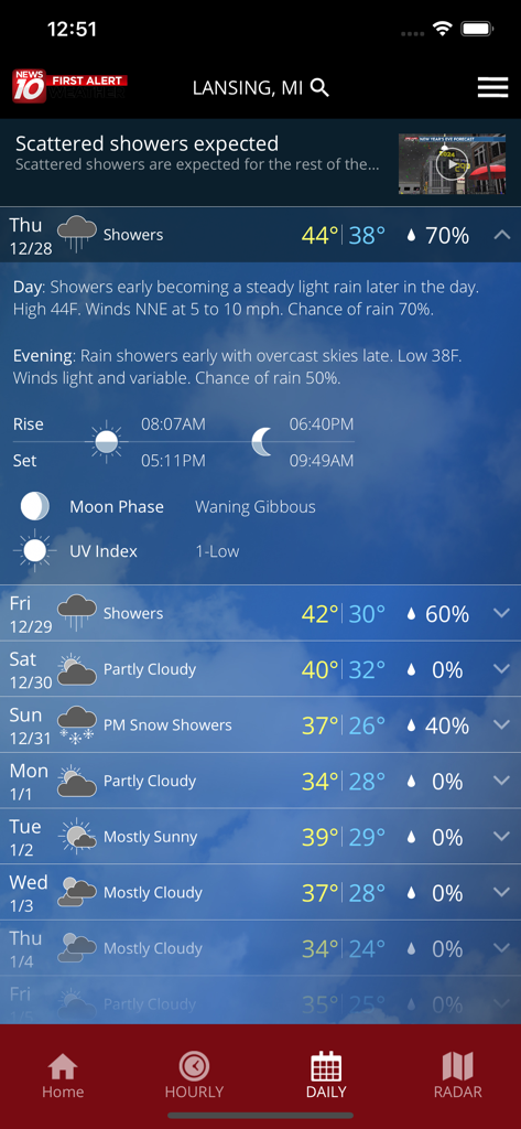 Daily weather forecast for Lansing Michigan on the WILX First Alert Weather app