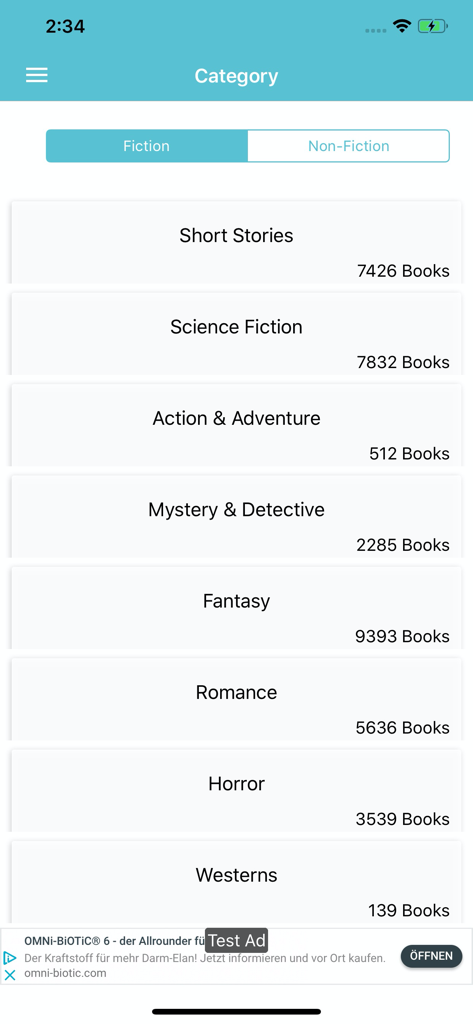 A list of book categories including science fiction and fantasy within the Offline Books app interface