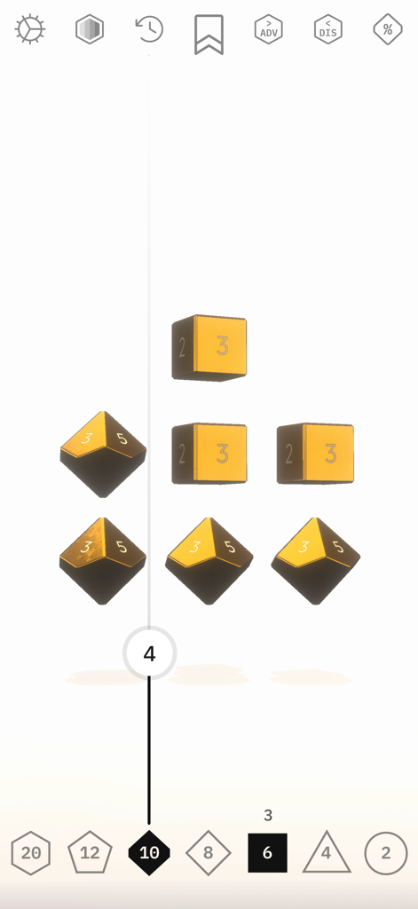 Mighty Dice - Mighty Dice app screen showing gold and black three-dimensional dice for tabletop gaming.