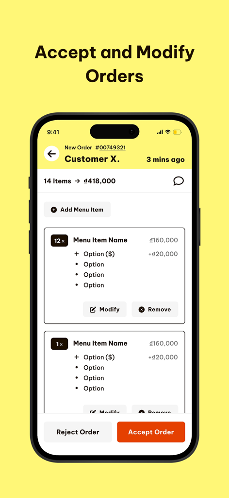 Anh Béo Operations - Anh Beo Operations app screen displaying order details with options to modify items and accept or reject a new order