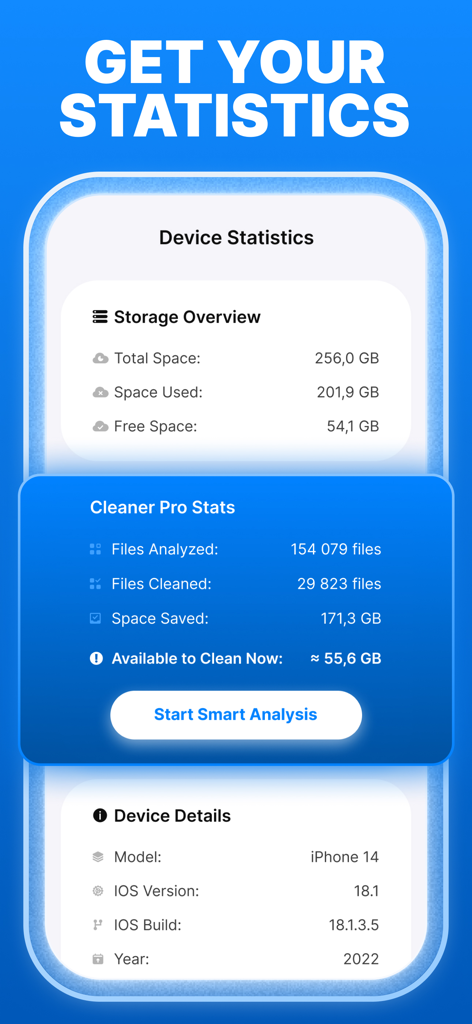 iPhone storage overview and device statistics screen showing used and free space
